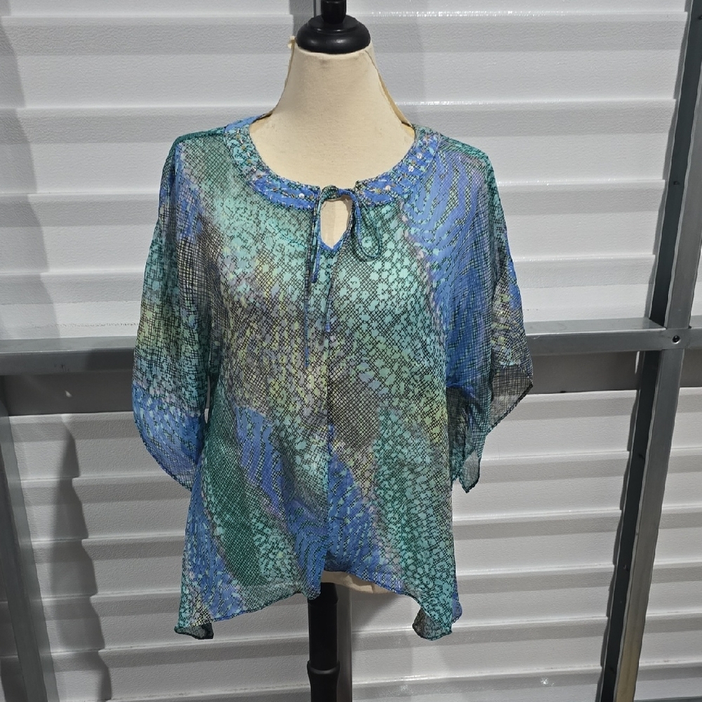 Jaclyn Smith Blue‎ and Green Patterned Blouse Mermaid Colors Size S/C